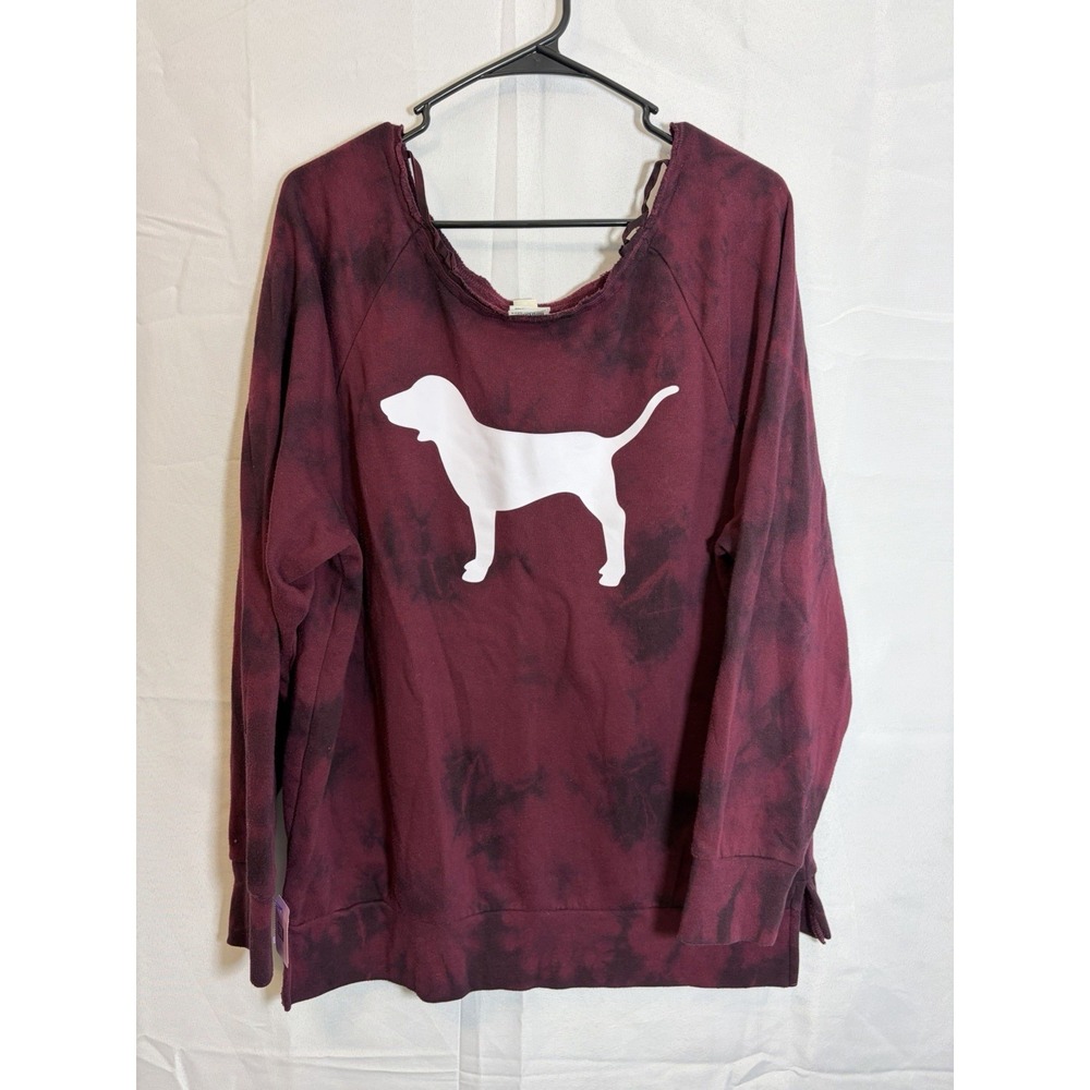 Victoria's Secret PINK Sweatshirt Red Tie Dye Raw Cut Dog Graphic Size Medium - Picture 5 of 10